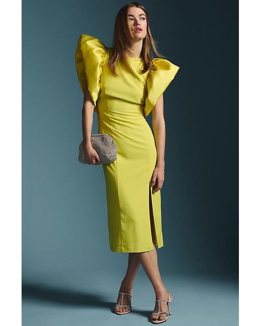 Hutch Yellow Puff-sleeve Slim Midi Dress