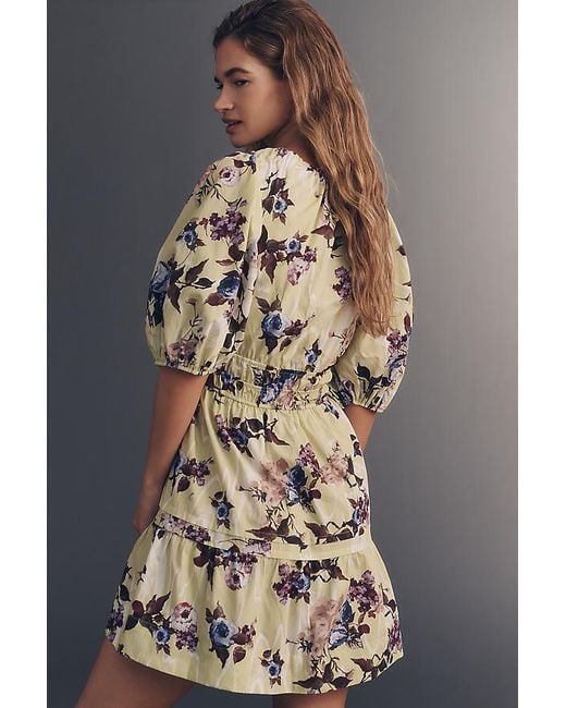Maeve Blue Cotton Puff-Sleeve Smocked A-Line Mini Dress