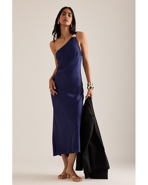 By Anthropologie The Lily One-Shoulder Hardware Satin Midi Slip Dress in  Blue