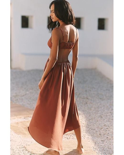 Celandine Brown V-Neck Twist-Front Satin Midi Dress
