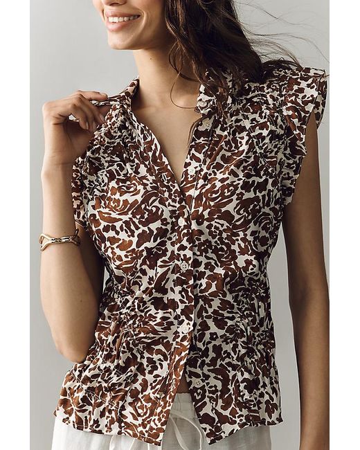 By Anthropologie Brown Silky Shirred Blouse