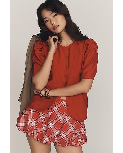 Maeve Red Puff-Sleeve Button-Front Top