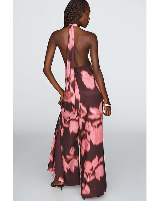 By Anthropologie Red Halter Wide-Leg Jumpsuit