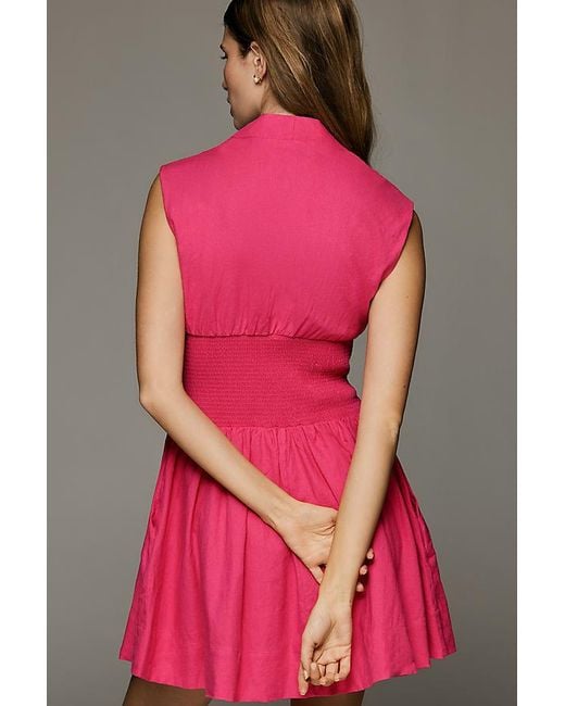 By Anthropologie Pink The Tommie Cap-Sleeve Smocked Front-Zip Shirt Dress: Linen Mini Edition
