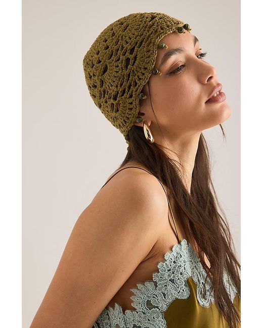 By Anthropologie Green Crochet Beaded Skull Cap