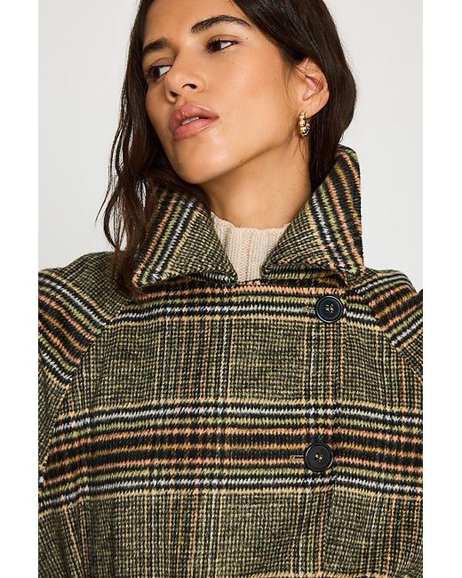 By Anthropologie Green Belted Check Wool-Blend Coat