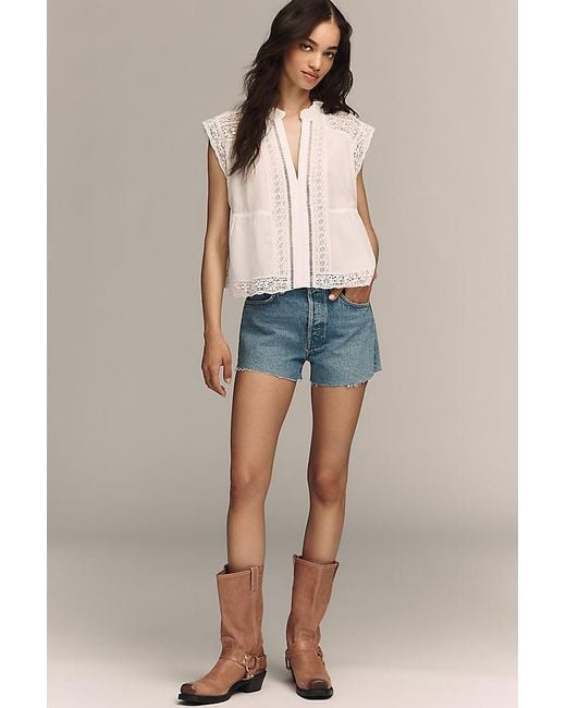 By Anthropologie White Short-Sleeve Lace-Trim Swing Blouse