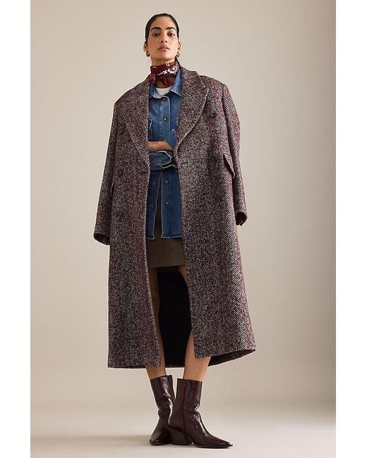 By Anthropologie Blue Oversized Herringbone Wool-Blend Coat