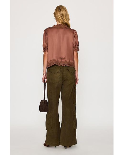 By Anthropologie Brown Stella Satin Lace-Trim Blouse