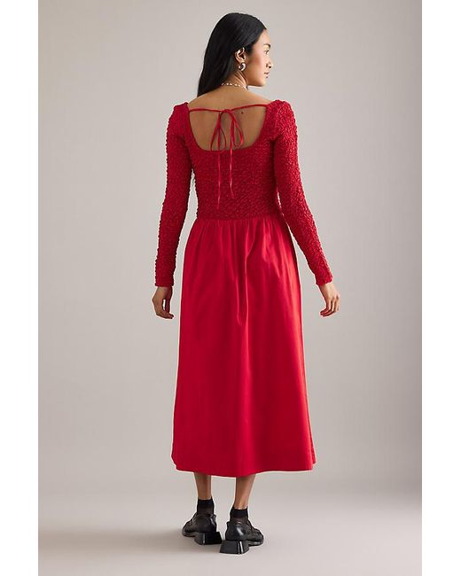 Damson Madder Red Malinda Long-Sleeve Smocked Midi Dress