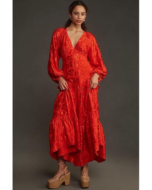 Farm Rio Red Long-sleeve V-neck Jacquard Maxi Dress