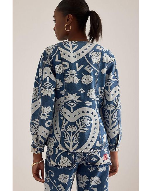Never Fully Dressed Blue Amara Collarless Printed Denim Jacket