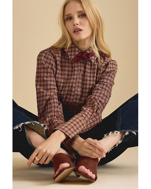 By Anthropologie Brown Long-Sleeve Shirred Shirt
