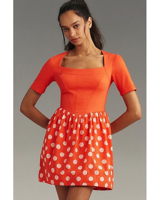 Maeve Red Short-sleeve Square-neck Mini Dress
