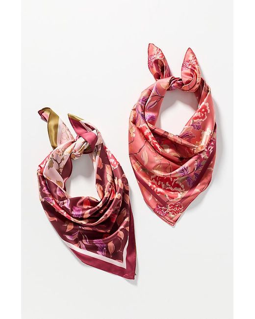 Anthropologie Red Silky Printed Hair Scarves, Set Of 2