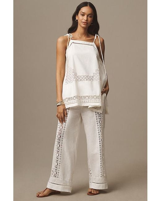 By Anthropologie Natural Linen Lace Pull-On Trousers