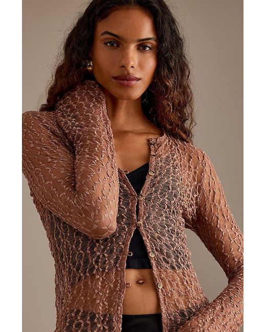 By Anthropologie Brown Lace Button-front Long Sleeve T-shirt
