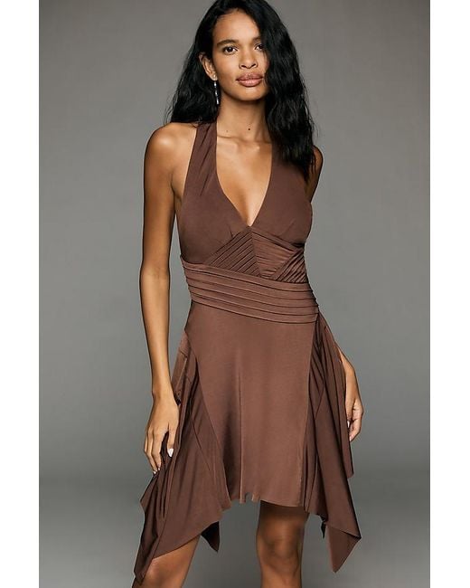 By Anthropologie Gray Knit Plunge Halter Mini Dress