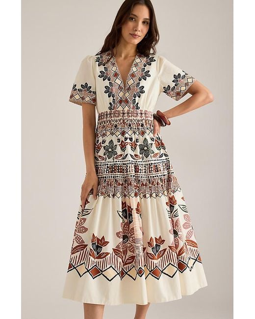 Farm Rio Natural Anika Short-Sleeve Midi Dress