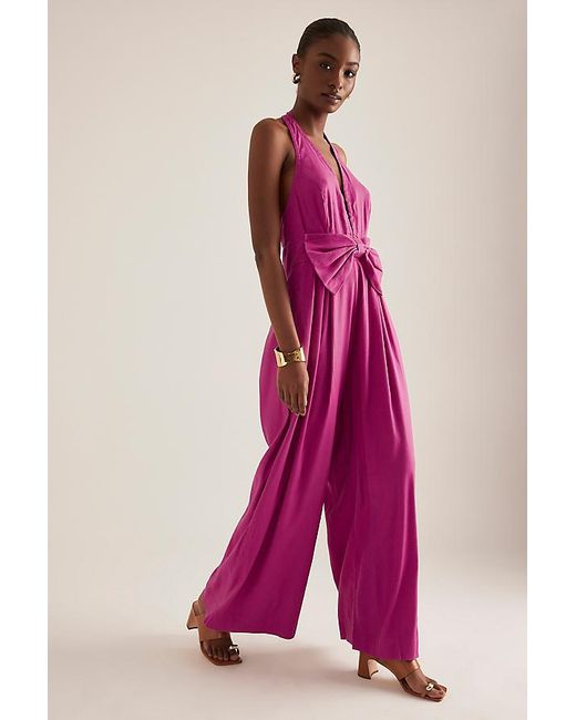 Maeve Pink Linen Halter Bow Jumpsuit