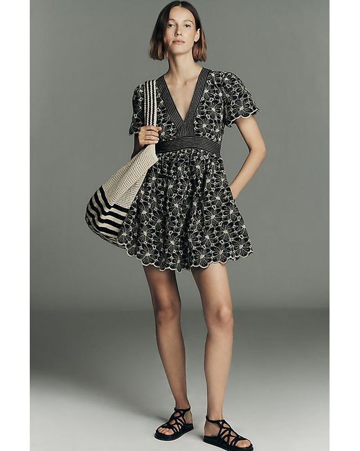 Maeve Gray Cotton Lace V-Neck Mini Dress