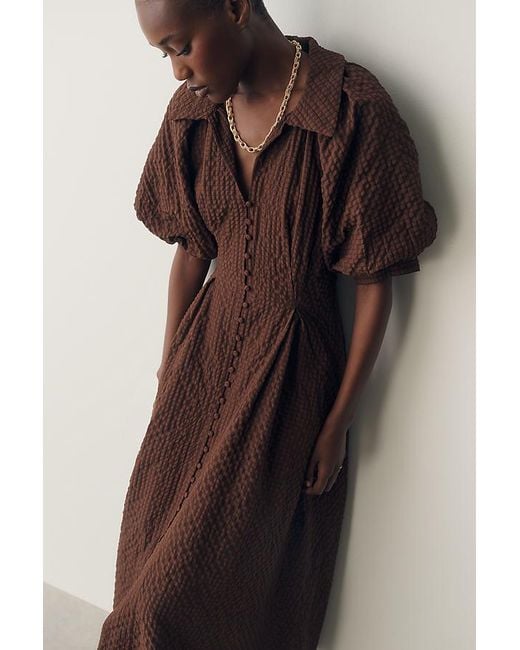 English Factory Brown Puff-Sleeve Textured Midi Shirtdress