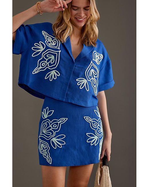 Significant Other Blue Rosslyn Linen-blend Embroidered Mini Skirt