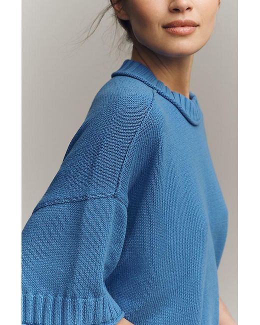 By Anthropologie Blue The Goldie Cotton Crew Neck Jumper