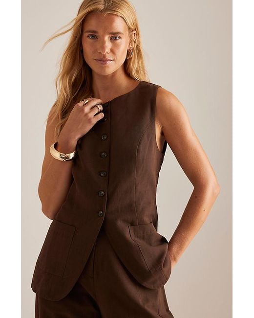 By Anthropologie Brown Linen-Blend Longline Waistcoat