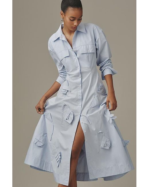 Maeve Blue 3D Floral Long-Sleeve A-Line Shirt Dress