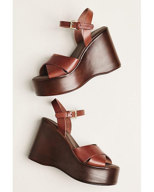 By Anthropologie Brown Wood-Bottom Ankle-Strap Platform Wedge Heels