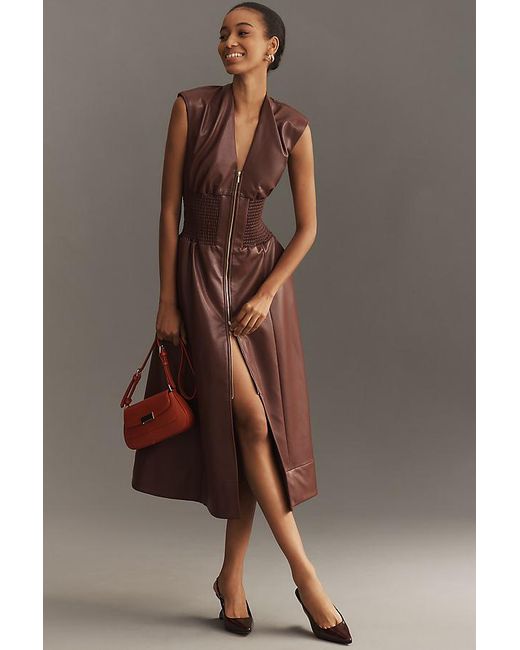anthropologie faux leather dress By Anthropologie Long-Sleeve V-Neck Faux Leather Satin Midi Dress main image 0