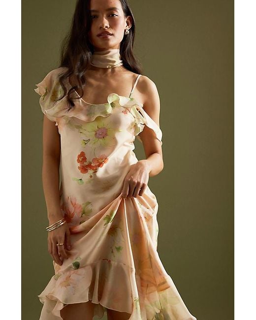 By Anthropologie Green Asymmetric Scarf Ruffle Slip Midi Dress