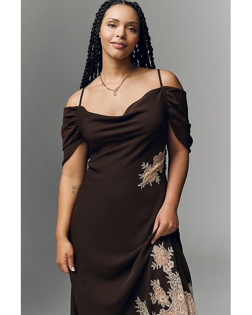 Bl-nk Black Satin Off-Shoulder Lace Midi Dress