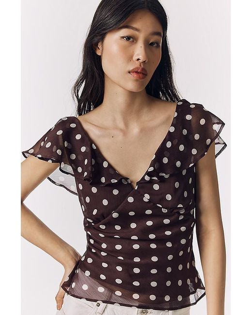 Maeve Black Flutter-Sleeve Sheer Blouse