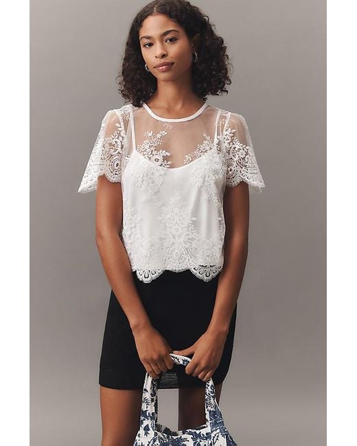 By Anthropologie White Short-Sleeve Sheer Lace Top