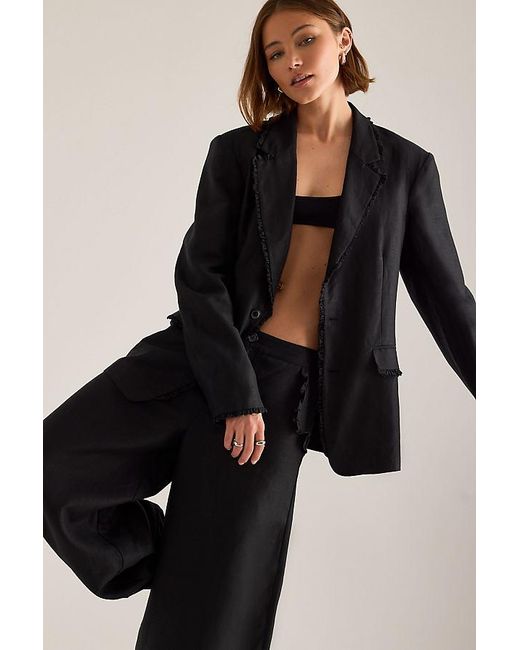 OperaSPORT Black Gia Ruffle Linen-Blend Blazer