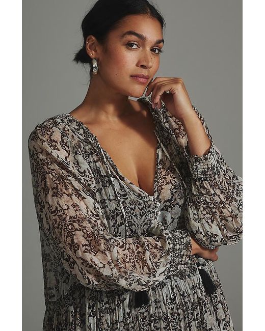By Anthropologie Black The Marais Printed Chiffon Maxi Dress