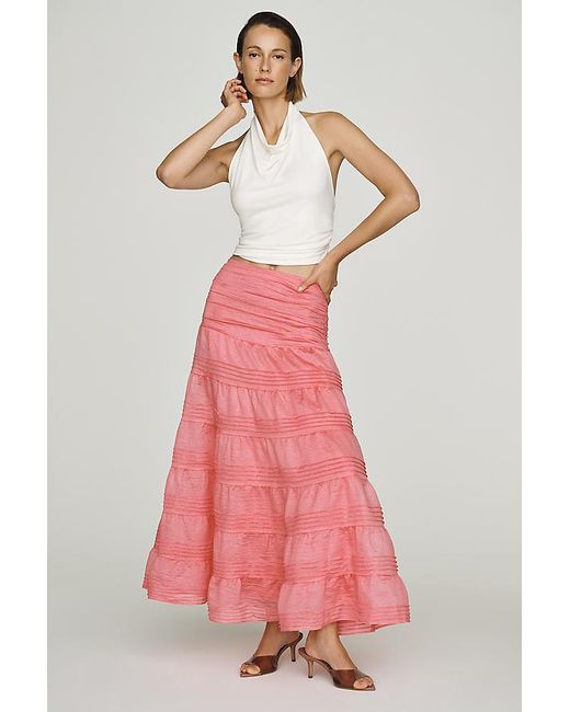 By Anthropologie Pink Tiered Pleated Maxi Skirt
