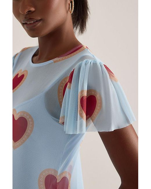 Never Fully Dressed Blue Katie Heart Print Mesh Maxi Dress
