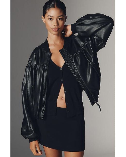 By Anthropologie Blue Faux-Leather Crop Bubble Bomber Jacket