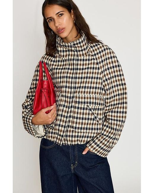By Anthropologie Blue Check Cropped Trench Coat