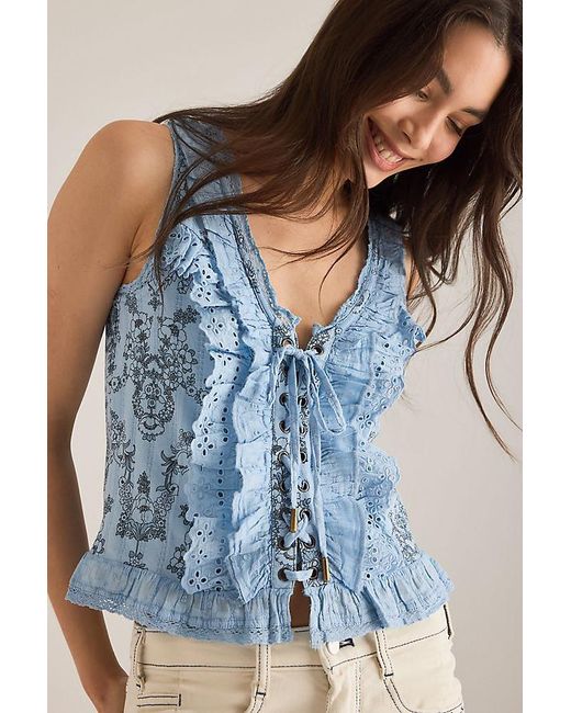 Pilcro Blue Eyelet Ruffle Tank Top