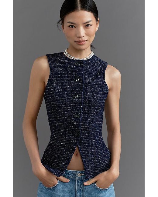 Maeve Blue Tweed Button-Front Vest
