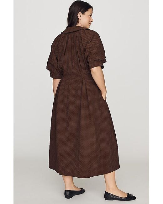 English Factory Brown Puff-Sleeve Textured Midi Shirtdress