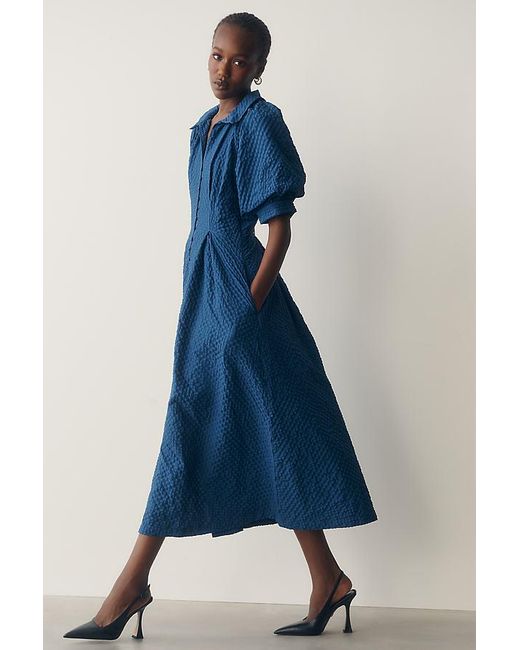 English Factory Blue Puff-Sleeve Textured Midi Shirt Dress
