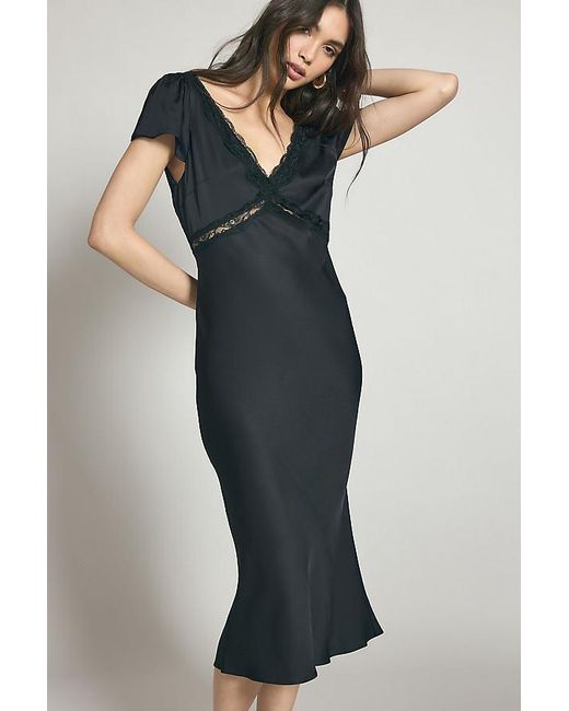 By Anthropologie Black Lace Trim Satin Midi Dress