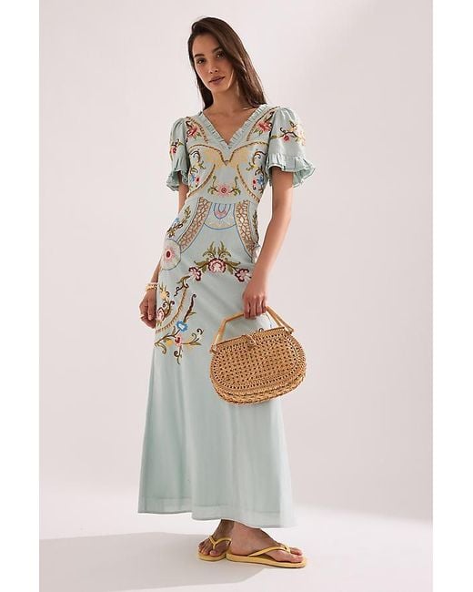 By Anthropologie White Short-Sleeve Embroidered Maxi Dress