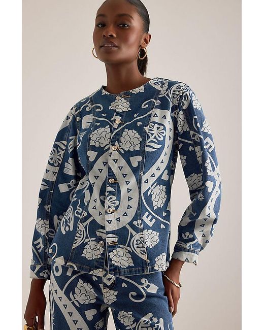 Never Fully Dressed Blue Amara Collarless Printed Denim Jacket