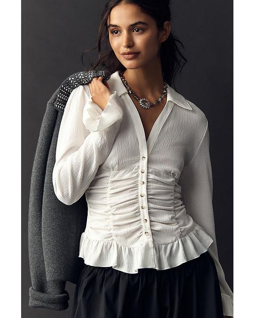 Maeve Black Smocked V-Neck Ruffle Top